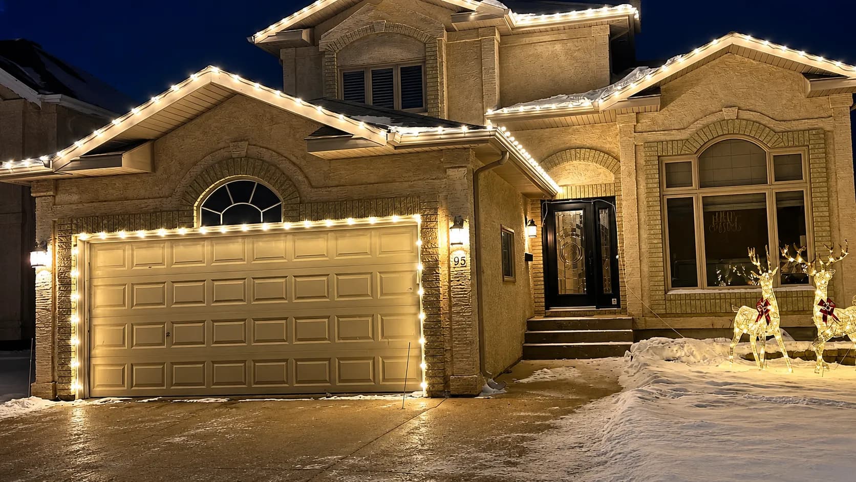 Wood home holiday lighting in winter